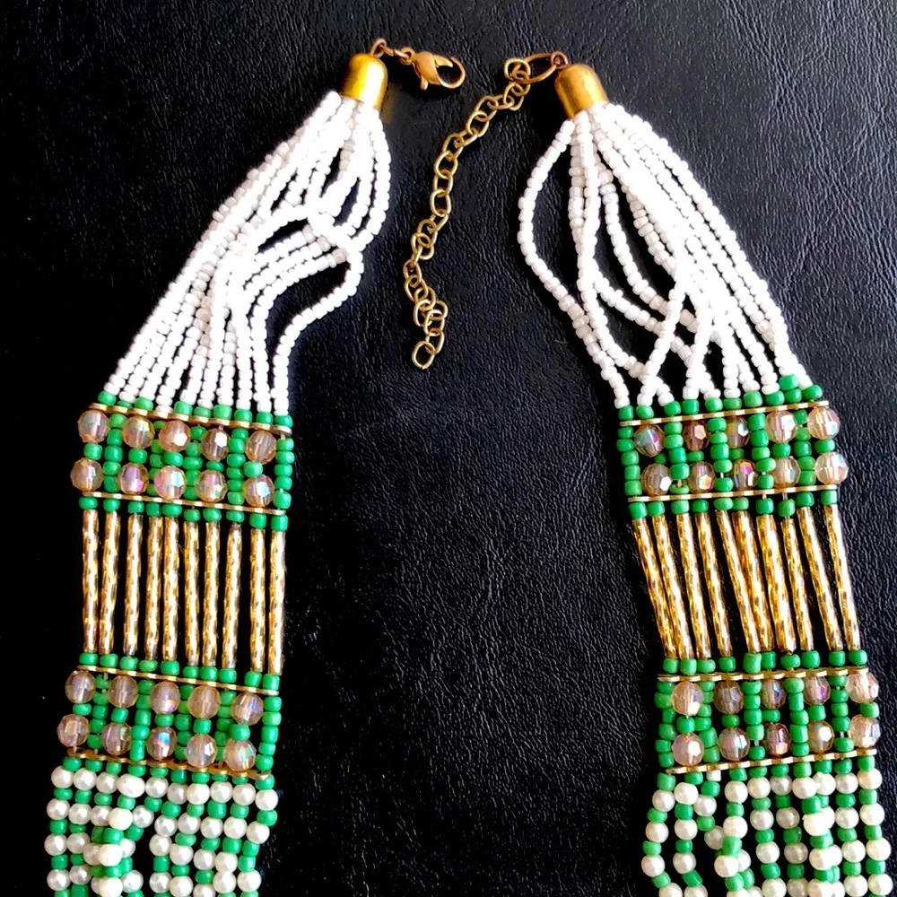 Beaded Multi Strand Bib Statement Necklace Green Gold White Boho Tribal 24”